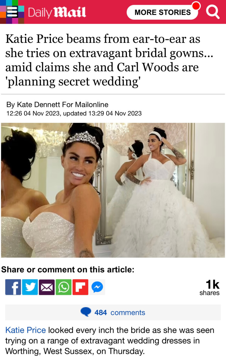 Katie Price beams from ear-to-ear as she tries on extravagant bridal gowns at Whyte Weddings Worthing amid claims she and Carl Woods are 'planning secret wedding